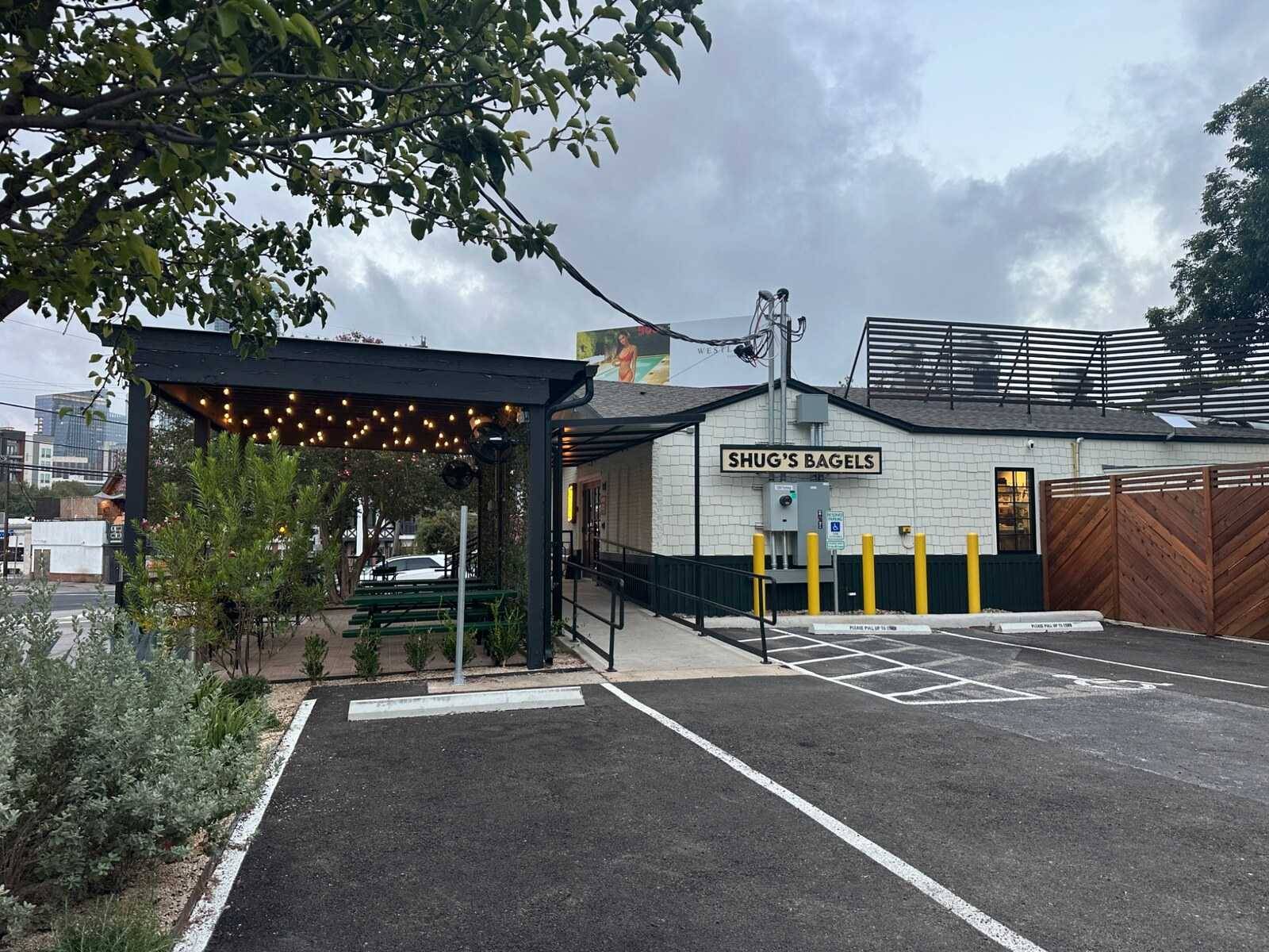 The Shug’s Bagels storefront and patio at 1206 Parkway in Clarksville
