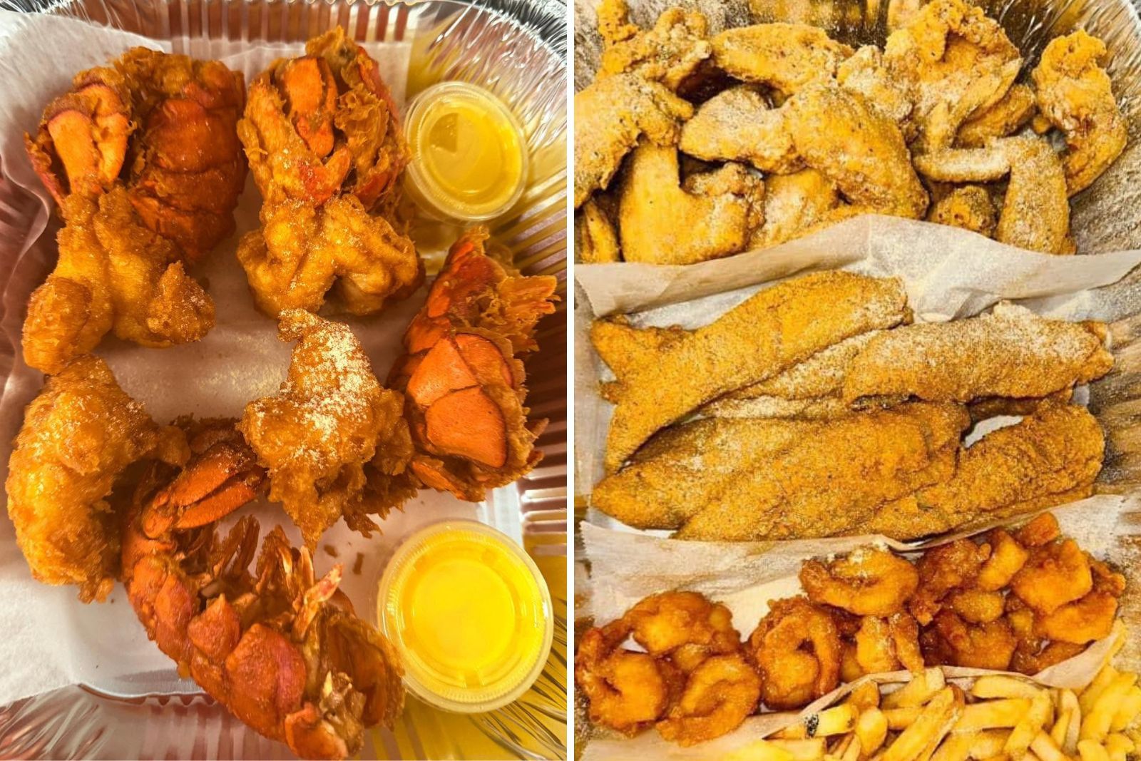 Foil trays of Seahouse fried lobster tails, fish, chicken, and fries