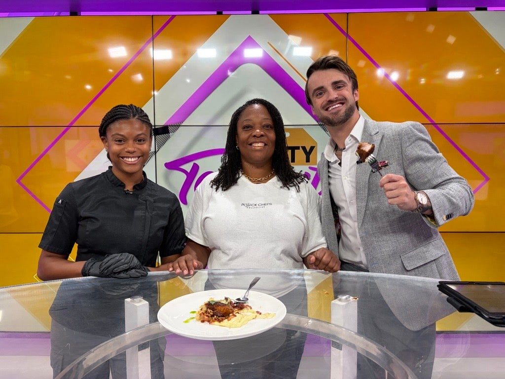 Black Chefs Collective on WISH-TV’s Indy Today set, with a plated dish on the desk