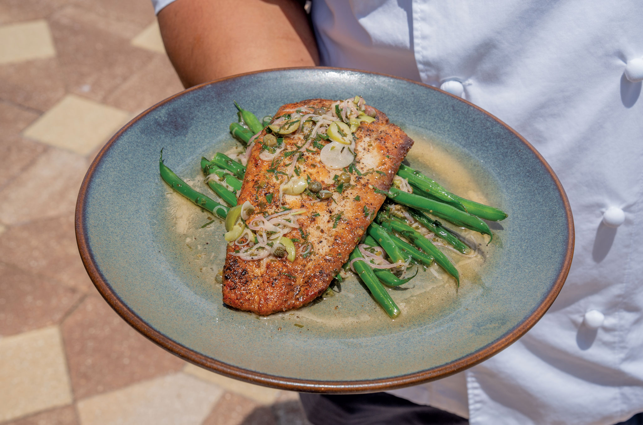 Chef Kes’s flounder with lemon-caper beurre blanc and haricots verts at Coastal Farmer, Dune House Hotel & Spa, Atlantic Beach