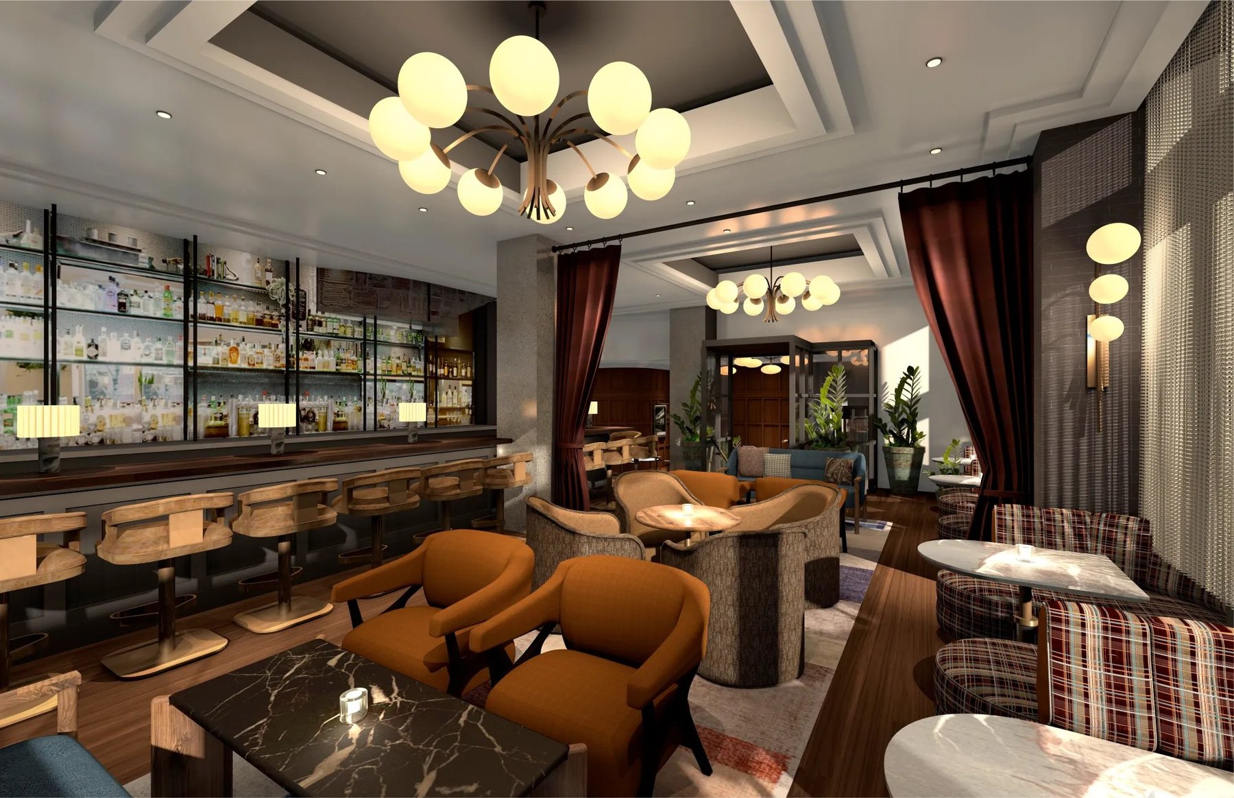 A rendering of Bar Sprezzatura at the Heathman: warm lounge seating, a long bar, and globe chandeliers