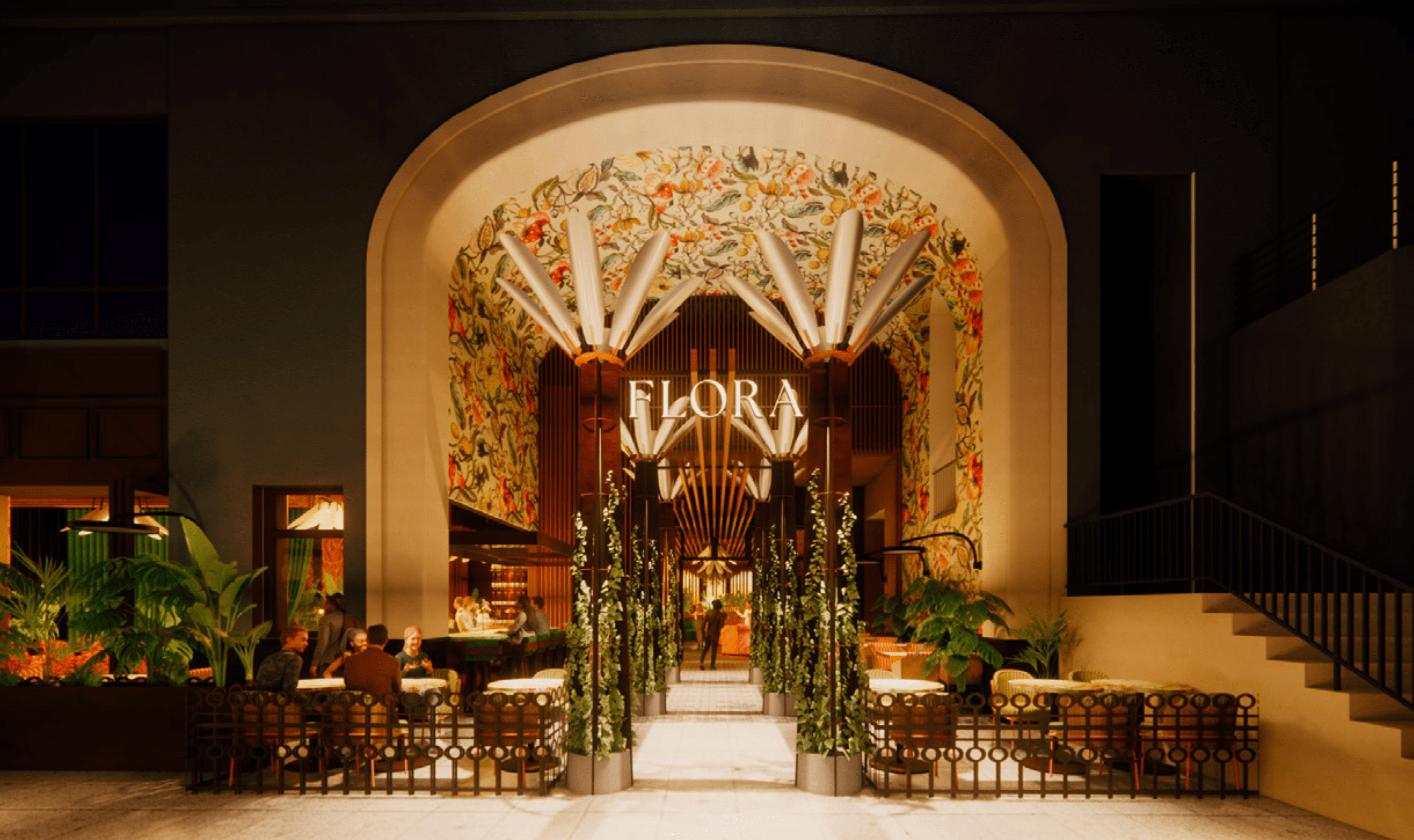 A Basile Studio rendering of Flora at Santana Row: a floral arch, patio tables, and the FLORA sign