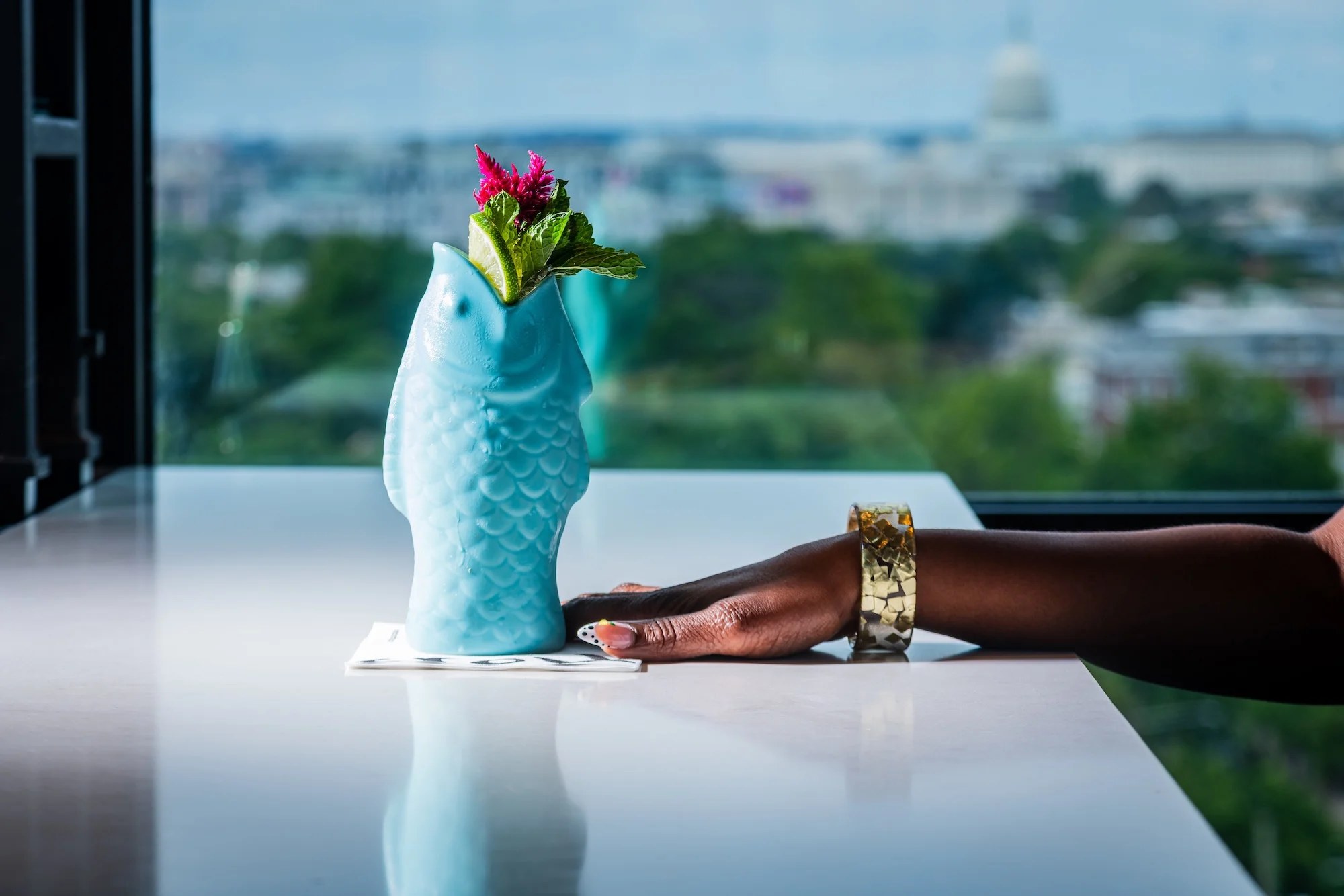 Caribbean cocktails at Croix, including a tamarind drink in distinctive glassware